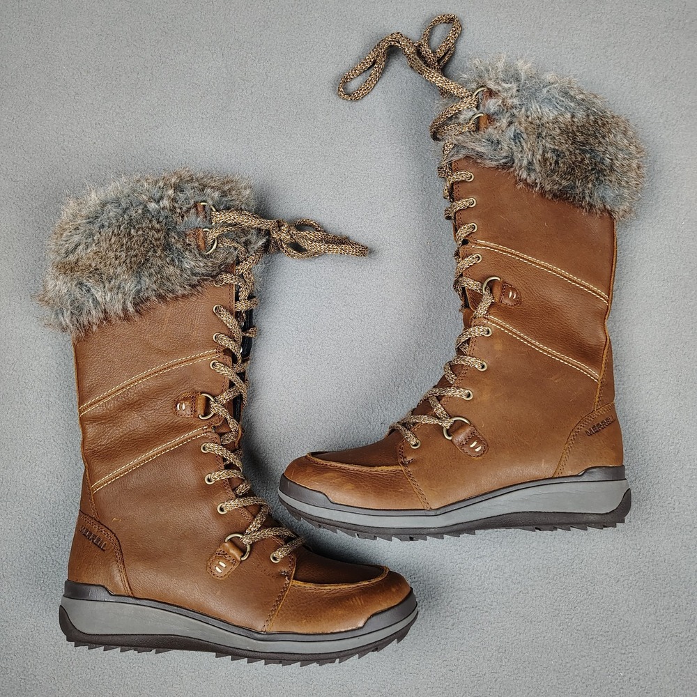 Merrell Womens Boots 7.5 Snowcreek Tall Polar Waterproof Brown Leather Zip NWOB